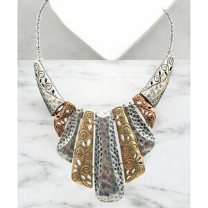 Vintage Metal Bib Necklace With Intricate Floral Segments Egyptian Revival